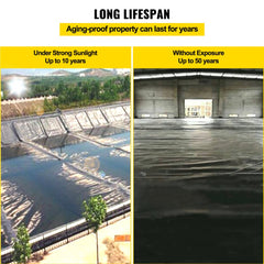 Infographic showing Bostome LLDPE pond liner's 10-year lifespan under sunlight and up to 50 years without exposure.