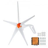 A white five-blade wind turbine generator with an orange hub, a controller, and hardware.