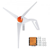 White 3-blade 500W wind turbine with orange hub and MPPT controller with mounting hardware.