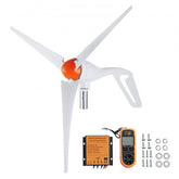 White 500W 12V 3-blade wind turbine kit with orange accents, MPPT controller, and multimeter.