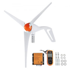 White 500W 12V 3-blade wind turbine kit with orange accents, MPPT controller, and multimeter.