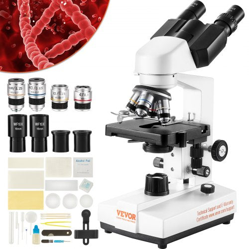 Bostome binocular compound microscope with LED illumination and magnification from 40X to 2500X.