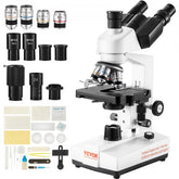 Bostome trinocular compound microscope with 40X-5000X magnification, LED illumination, and accessory kit.