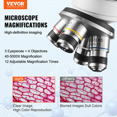Trinocular compound microscope with 40X-5000X magnification and LED illumination.