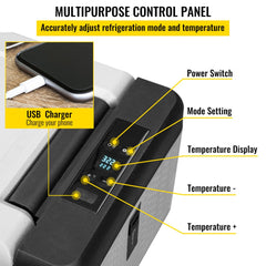 Close-up of Bostome 10Qt refrigerator's control panel with power switch, mode setting, temperature display, and USB charger.