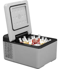 A gray 10Qt portable 12V compressor refrigerator with open lid, holding assorted chilled bottles.