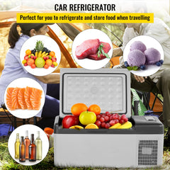 Gray 16Qt 12V portable car refrigerator with app control, shown cooling fruits, meats, and fish outdoors.