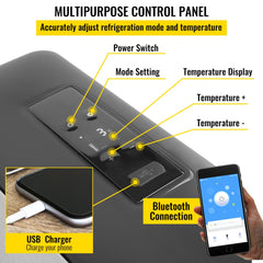 Close-up of the Bostome portable refrigerator's grey control panel with power switch, mode setting, temperature display and controls, USB charger, and Bluetooth connection.