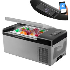 Grey 16Qt 12V portable refrigerator with app control, digital display, and fruits inside.