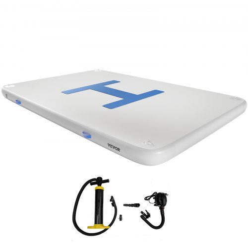 Inflatable floating dock platform measuring 13'x6.5' with a non-slip surface for stability.