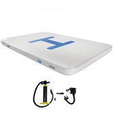 Inflatable floating dock platform measuring 13'x6.5' with a non-slip surface for stability.