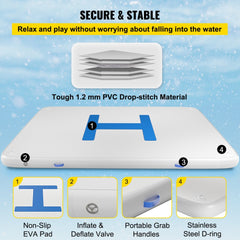 Inflatable floating dock platform measuring 13'x6.5' with a non-slip surface for stability.