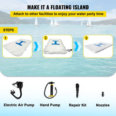 Inflatable floating dock platform measuring 13'x6.5' with a non-slip surface for stability.