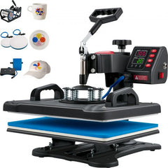 5-in-1 heat press machine with 12x15 clamshell design, 900W power, and attachments for hats, mugs, and plates.