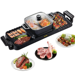 Bostome 2-in-1 electric grill hot pot with dual temp control, shown grilling meats and simmering seafood.