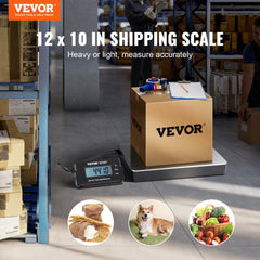 Digital shipping scale with 440 lbs capacity, LCD display, tare function, and stainless steel platform.