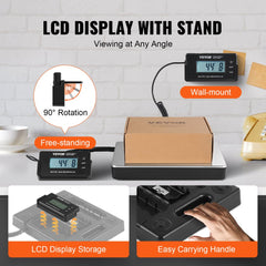 Digital shipping scale with LCD display, 90-degree rotation, stand, wall-mount option, tare function, and 440 lbs capacity.