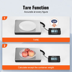 Digital shipping scale with tare function showing zero weight on LCD display and plate on scale.