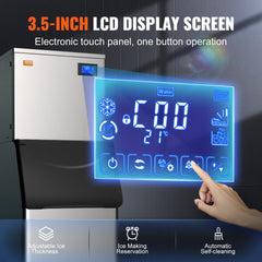 Commercial ice maker with 3.5-inch LCD touch panel showing controls for ice making, water, and temperature.