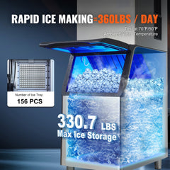 Commercial ice maker with open lid revealing ice storage bin and 156 ice trays.