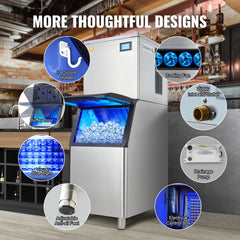 Commercial ice maker producing 360 lbs of ice daily with 330 lbs storage bin, stainless steel design, LCD panel, and self-cleaning feature.