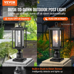 Two 17.72-inch outdoor lamp post light fixtures with a dusk-to-dawn sensor and aluminum frame.