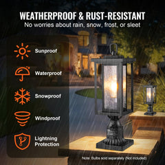 Two Bostome dusk to dawn outdoor lamp post lights with aluminum frames and glass shades.