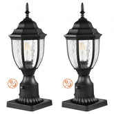 Bostome outdoor lamp post light fixture with a 15.35in pole pier mount and glass shade.