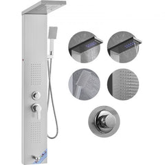 A stainless steel shower panel system with multiple spray modes and LED lighting.