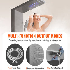 A woman showers under a multi-function LED shower panel with a hose, massage jets, and tub spout.