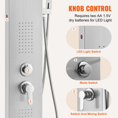 A stainless steel shower panel system with three knob controls and a handheld shower.