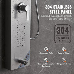A stainless steel shower panel with water droplets, featuring a control knob and various spray nozzles.