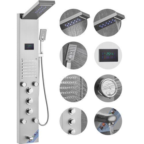 Stainless steel wall-mounted shower panel with 6 modes and LED display for customized showers.