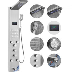 Stainless steel wall-mounted shower panel with 6 modes and LED display for customized showers.