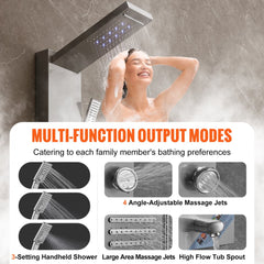 Stainless steel wall-mounted shower panel with 6 modes and LED display for a customizable experience.