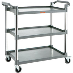 Gray 3-tier Bostome utility cart with wheels and push handles.