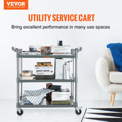 A 3-tier utility service cart with wheels, metal frame, and shelves holding books and items.