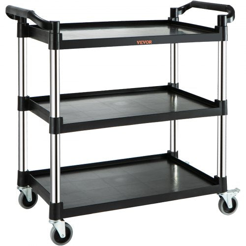 Black 3-tier utility service cart on wheels with durable construction and 220lbs capacity.