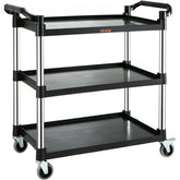 Black 3-tier utility service cart on wheels with durable construction and 220lbs capacity.