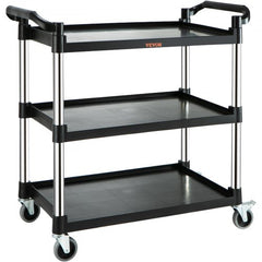 Black 3-tier utility service cart on wheels with durable construction and 220lbs capacity.