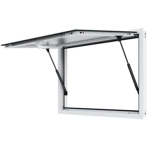 White aluminum alloy concession window, 48x36 inches, with awning raised by gas struts.