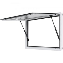 White aluminum alloy concession window, 48x36 inches, with awning raised by gas struts.