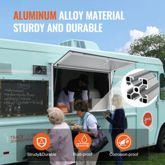 Aluminum alloy concession window with awning on a light blue food truck, showing sturdy frame and rust-proof features.