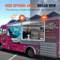 Aluminum alloy food truck concession window with awning, 60"x36", opens to 85° angle.