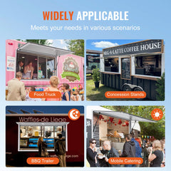 Aluminum alloy awning for food truck with a wide-open concession window and hydraulic opening.