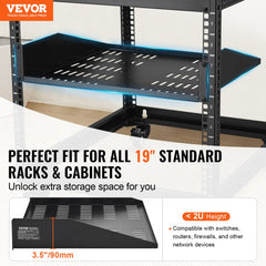 Bostome 2U vented server rack shelf with perforated design for airflow and heavy-duty steel construction.