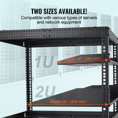 Black 2U vented server rack shelf with perforated bottom for airflow and heavy-duty steel construction.