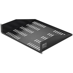Bostome 2U vented server rack shelf with perforated design for airflow and 16-inch depth.