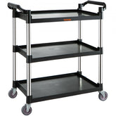 Black 3-shelf utility service cart with sturdy aluminum frame and swivel wheels for mobility.