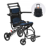 Lightweight foldable aluminum transport wheelchair with flip-up armrests and puncture-proof tires.